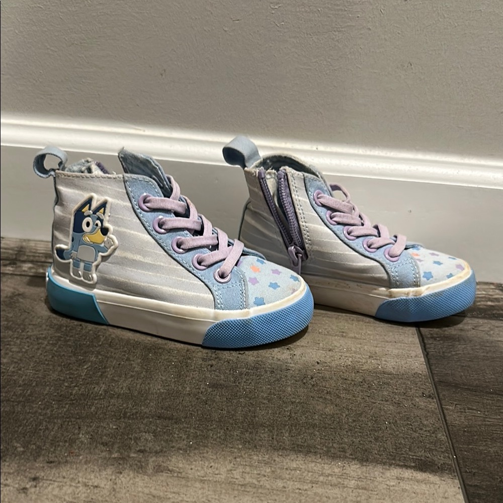 Blue and White High-Top Sneakers with Cartoon Design